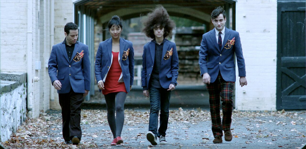 A group of characters walking outside in a scene from HairBrained