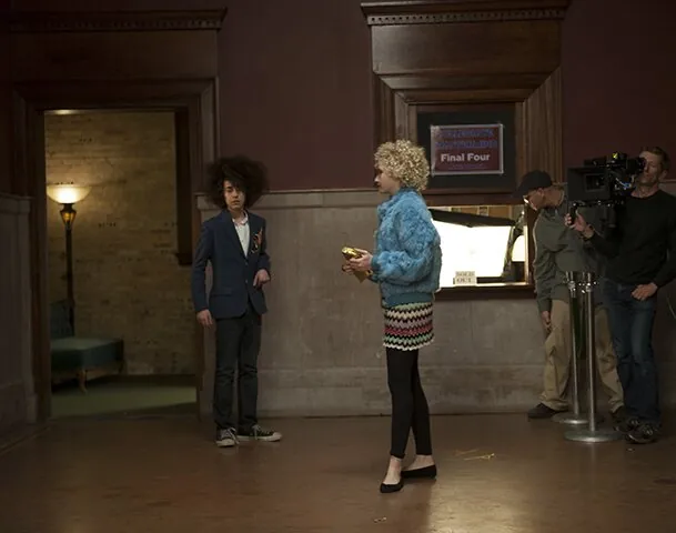 Characters speaking in an interior scene